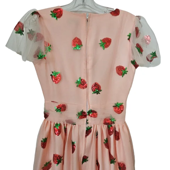 Nwot Magnolia Park Peach w/ Sequined Strawberries Faux Wrap Flutter Sleeve Dress - Picture 13 of 17